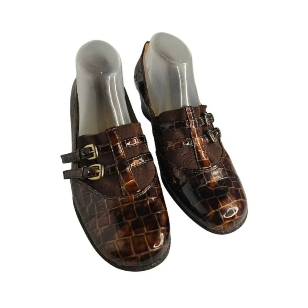 Circa Joan David Brown Faux‎ Crocodile Patent Leather Wedge Loafers 9M